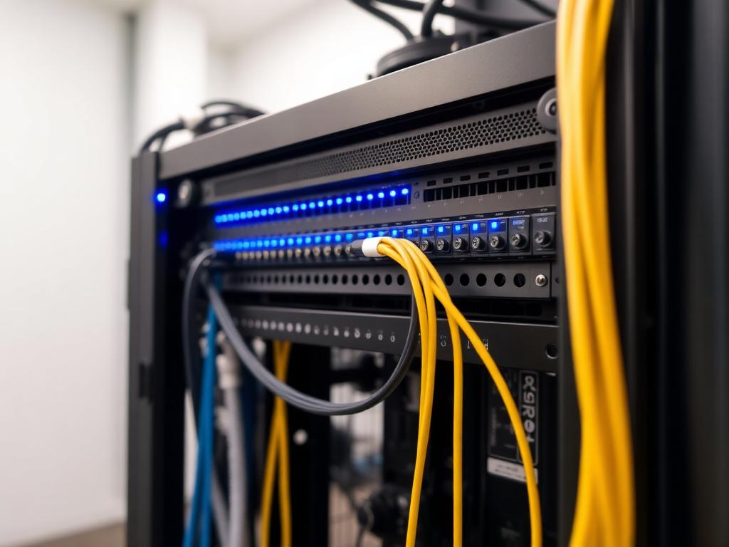Server rack with patch panel and neat cat6 cabling