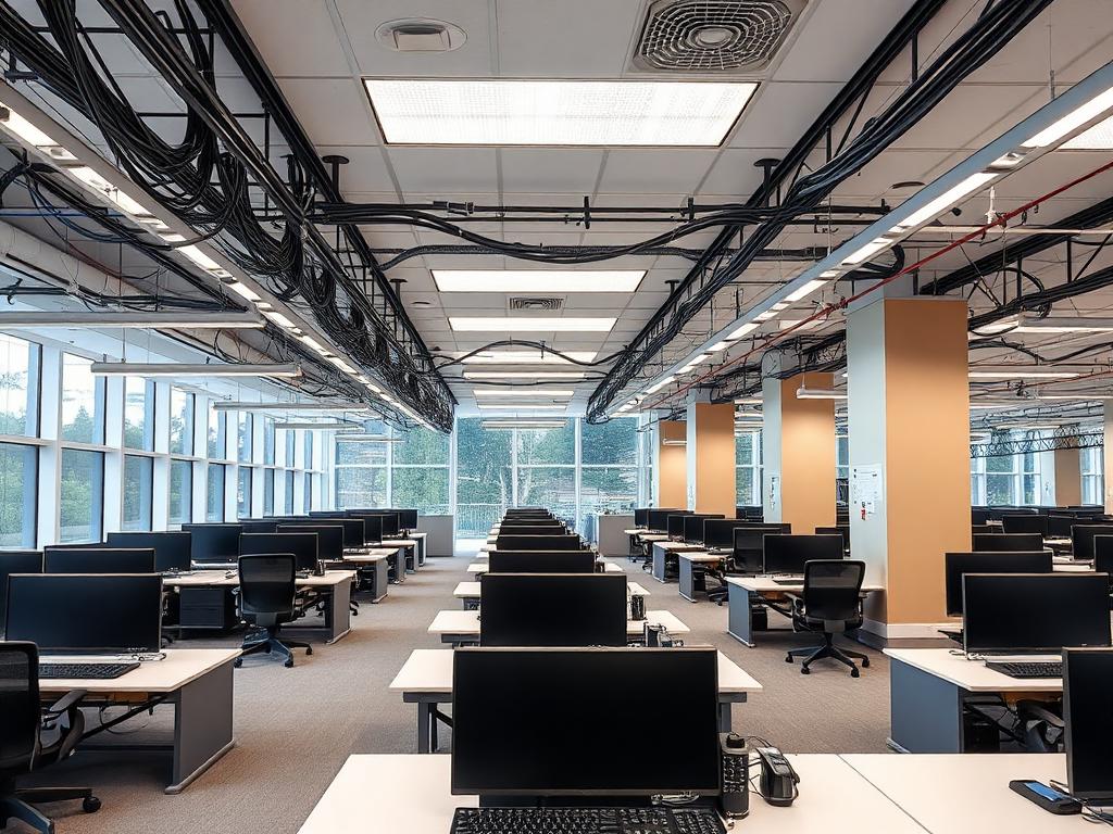 Open plan office with structured cabling in overhead cable trays