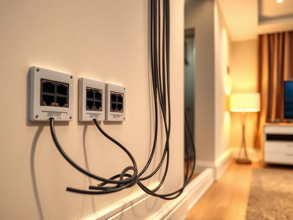 Neatly installed wall-mounted ethernet ports with cat6 cabling in a home