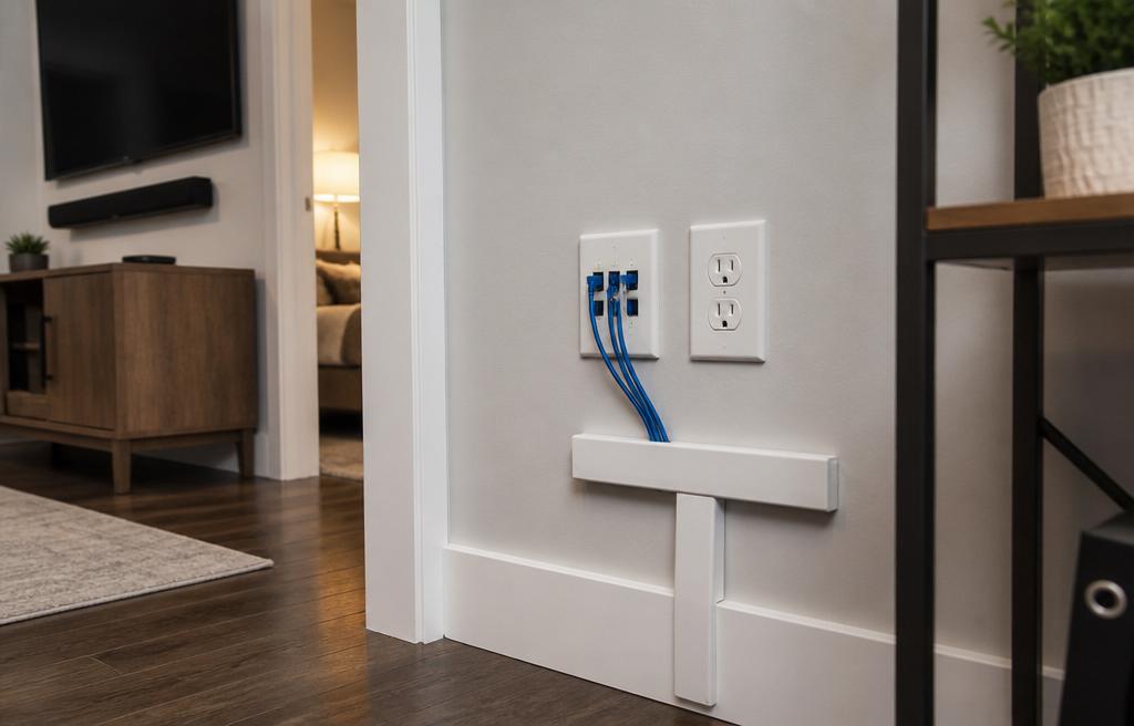 Residential ethernet wall plate installation with blue cables